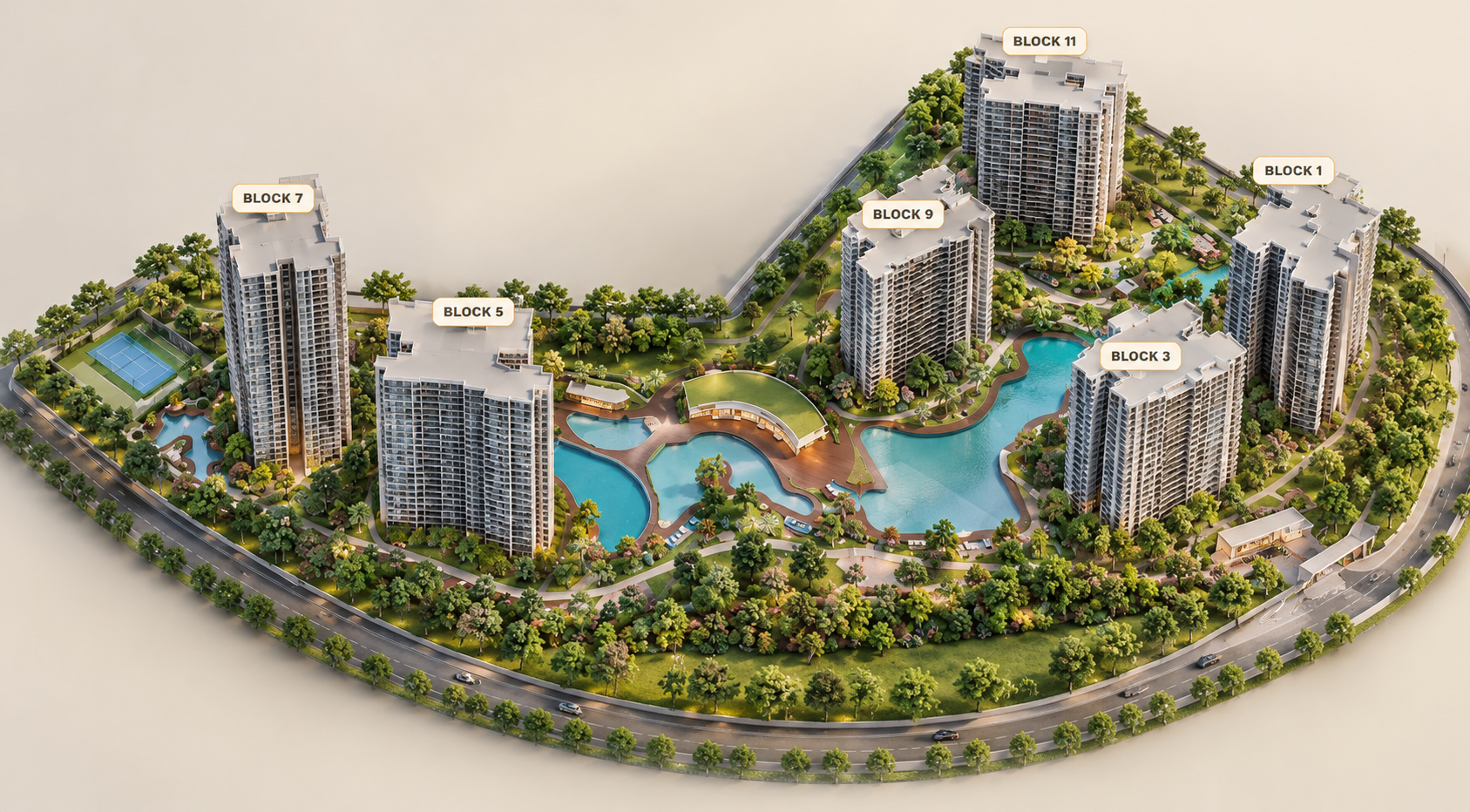 Thomson Reserve estate, with six towers around its pools and gardens